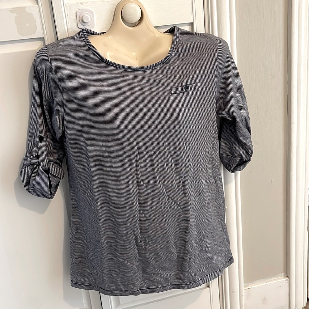 Women's Fitted Large Blue White Striped 3/4 Sleeve
